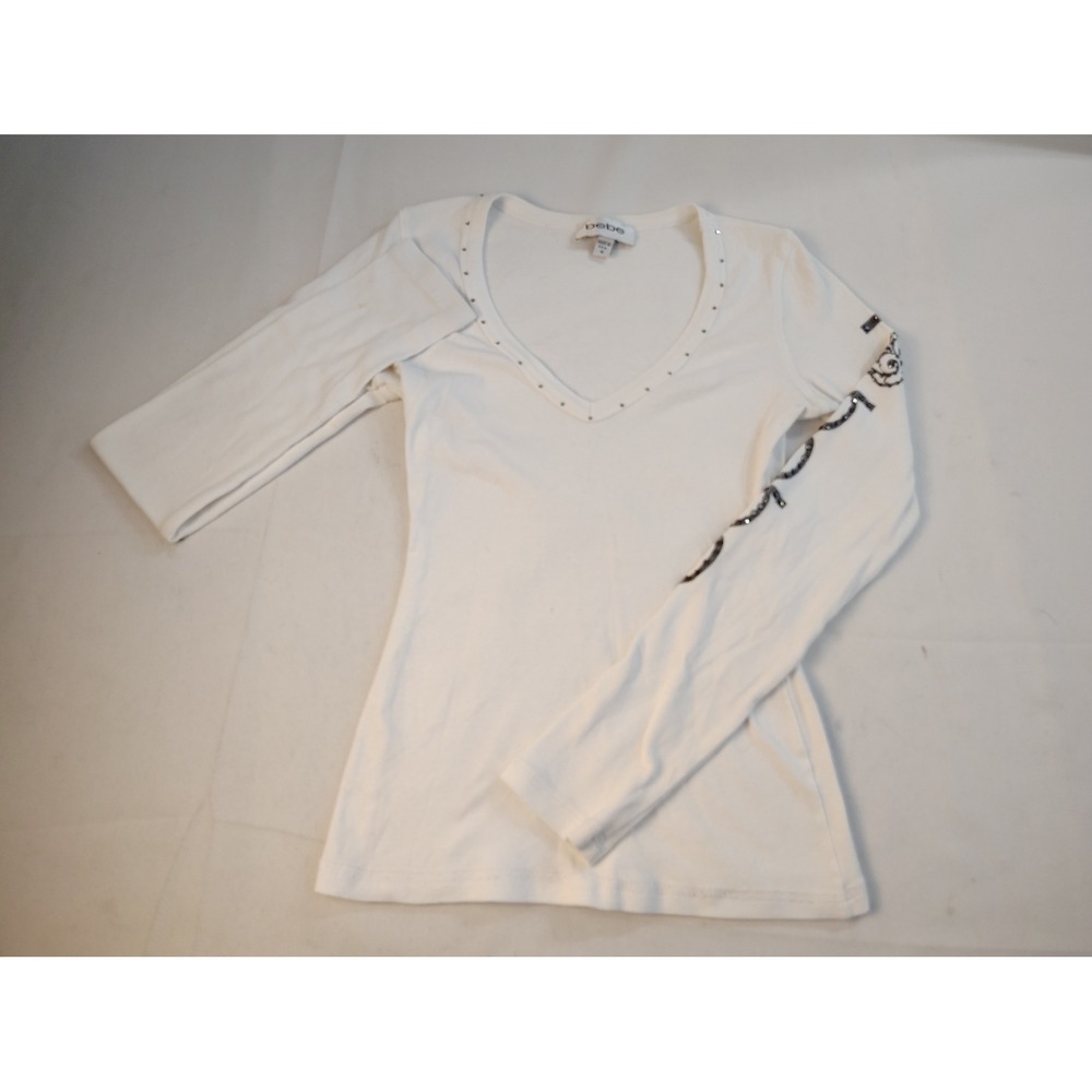 Bebe White V-Neck Long Sleeve I Heart Bebe Graphic Rhinestone Studded Top Size M